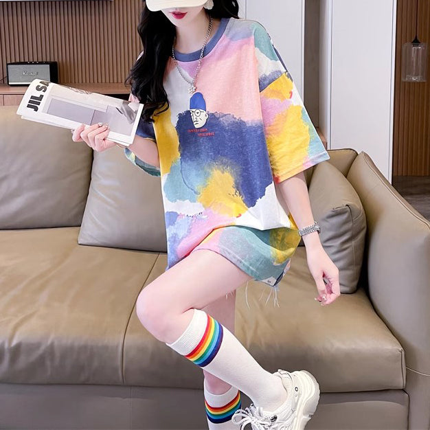 Loose-Fitting Oversized Mid-Length Tie-Dye Gradient Top