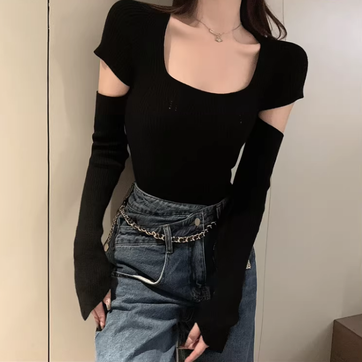 Sexy Openwork Square Neck Knitted Cropped Sweater