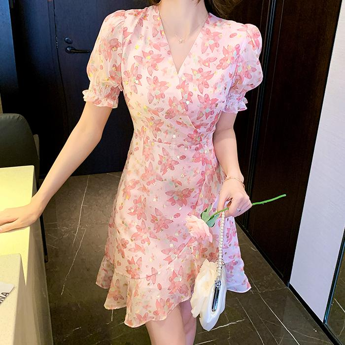 Floral V-Neck Chiffon Fishtail Dress