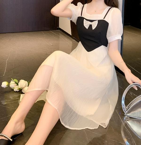 French Stitching Bow Chiffon Fake Two-Piece Dress
