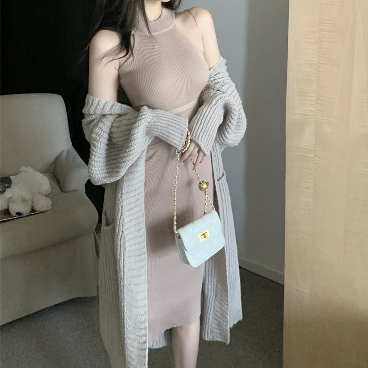 Knit Halter Dress Long Sweater Cardigan Set DRESSVY Knit Halter Dress Long Sweater Cardigan Set DRESSVY