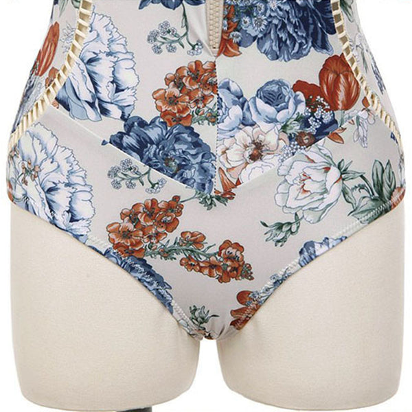 Swimwear Sunscreen Zipper Floral Triangle One-Piece Swimsuit