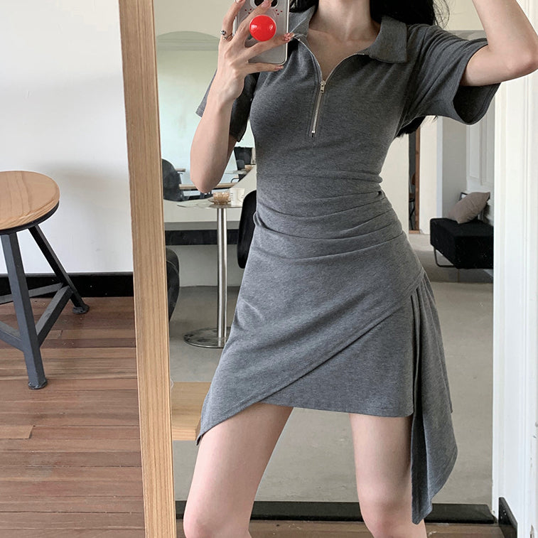 Irregular Polo Neck A-Line Hip Wrap Dress