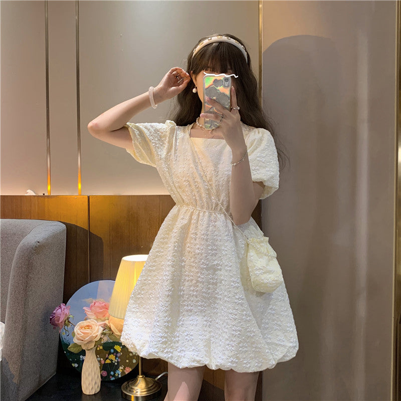 French Square Neck Puff Sleeve Waist Dress With Bag