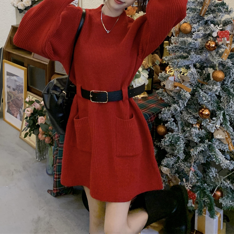 Round Neck Double Pocket Waist Slim Casual Knit Dress