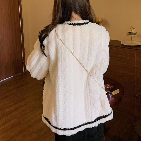 Retro Bow Plush Warm Sherpa Coat