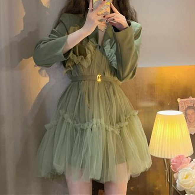 Tulle Suit Collar Belt Long Sleeve Dress