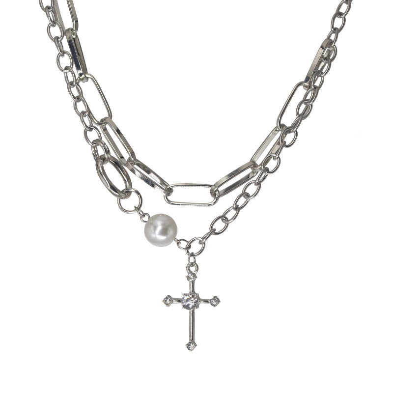Cross Double Pearl Chain Necklace