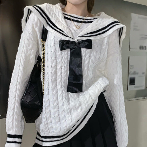 Navy Neck Bow Twist Long Sleeve Knit Sweater
