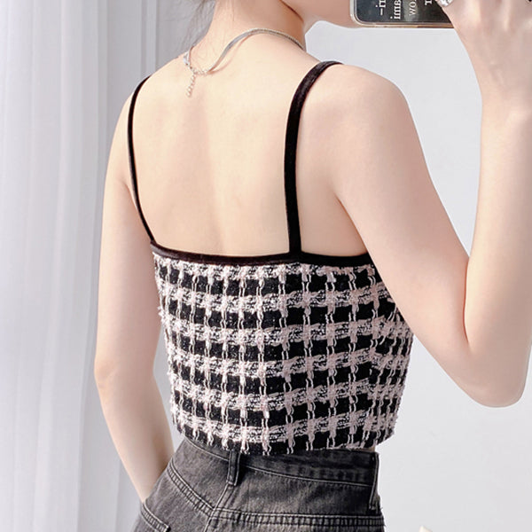 V-Neck Velvet Bow Plaid Camisole Top