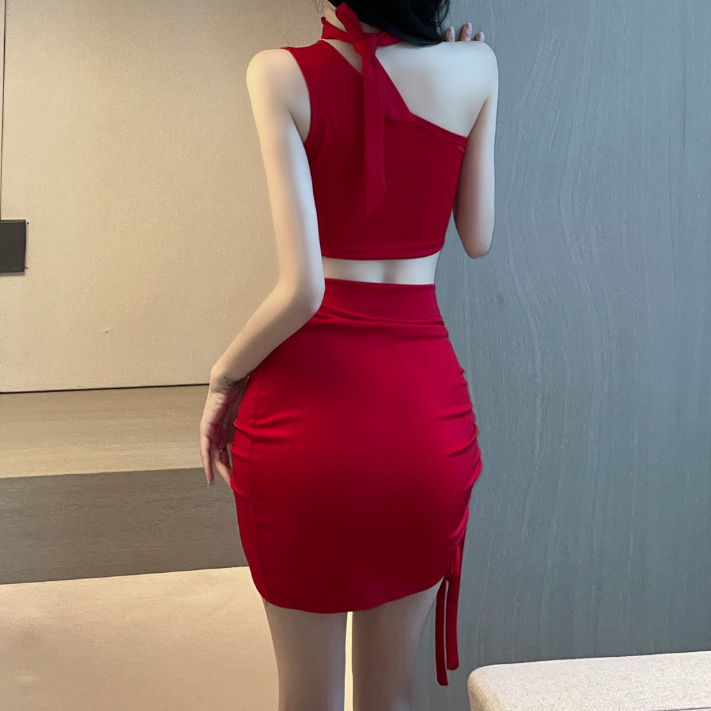 One Shoulder Sleeveless Top Drawstring Skirt Set