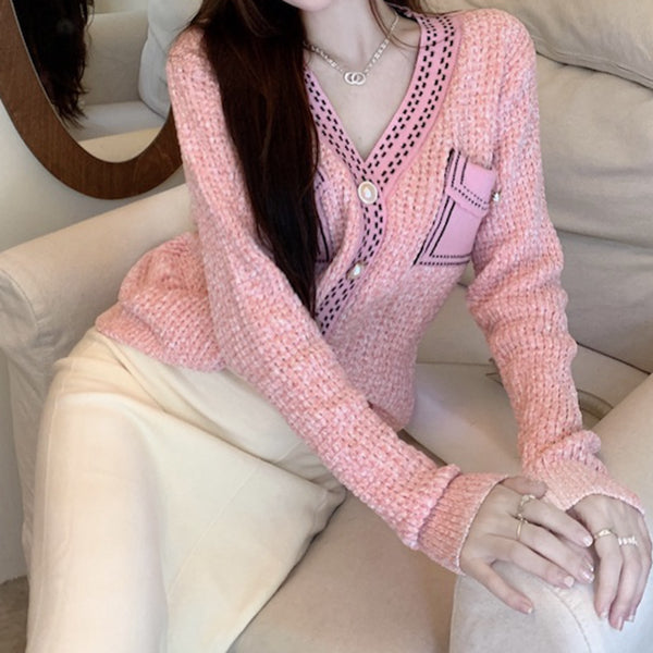 Single Breasted V-Neck Long Sleeve Knit Cardigan Top