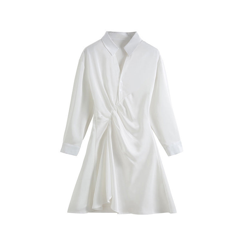 Solid Color Silk Polo Collar Shirt Dress