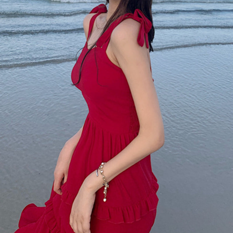 New Solid Color Casual Mid-Length Suspender Dress