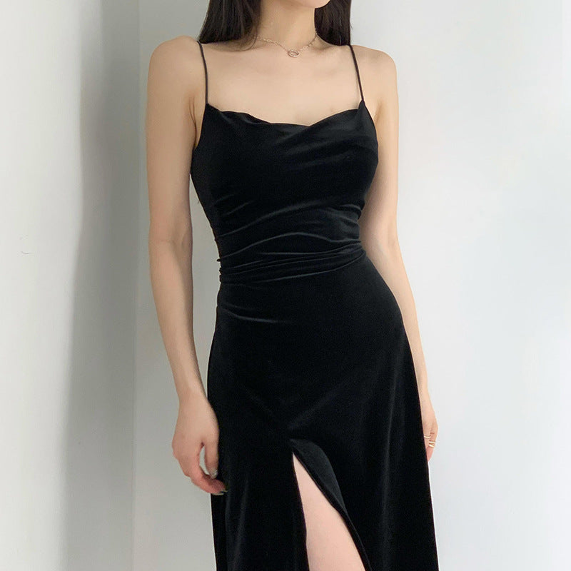 Velvet Sling Exposed Lock Bone High Slit Formal Dress