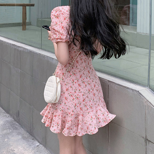 Oversized High Waist Floral Square Neck Dress