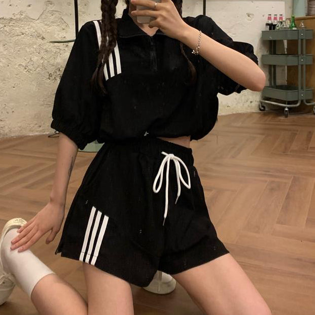Drawstring Top High Waist Slit Shorts Tracksuit