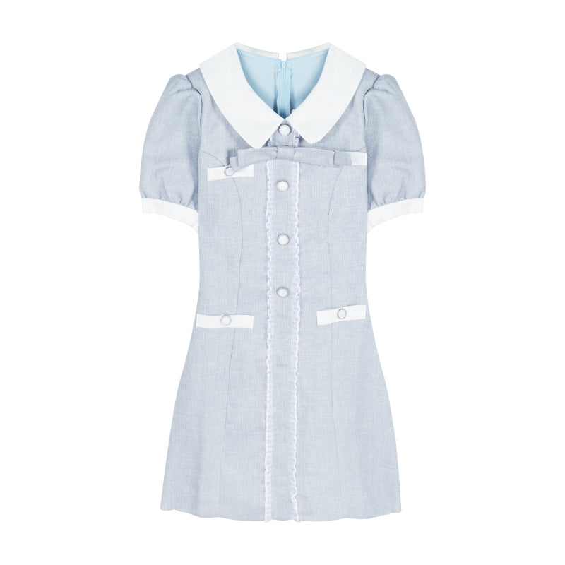 Doll Neck Bow Short Sleeve A-Line Dress