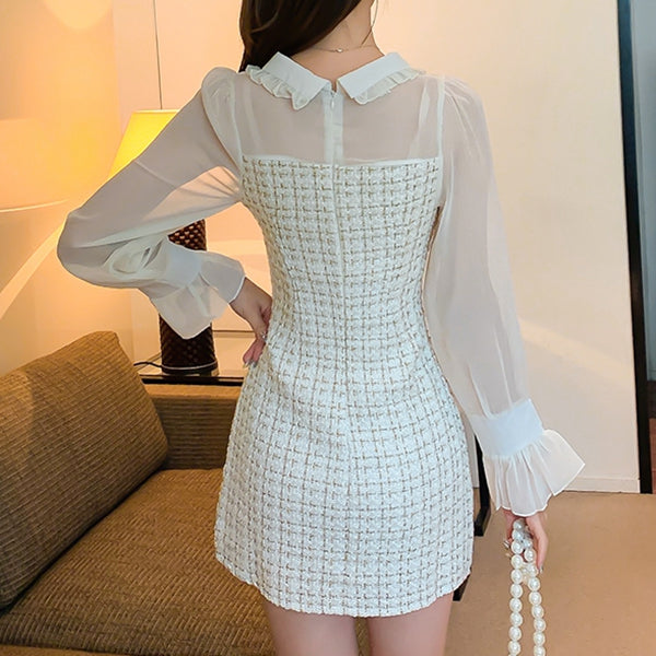 Doll Collar Chiffon Stitching Apricot Woolen Dress