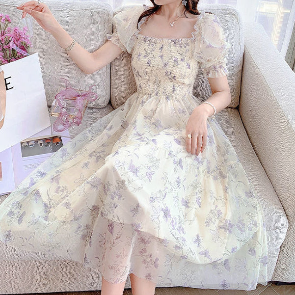 Ink Painting Puff Sleeve Waist Chiffon Floral Dress
