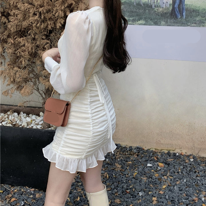 V-Neck Chiffon Puff Sleeve Long Sleeve Dress