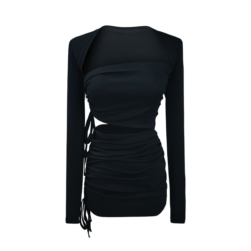 Long Sleeve Shawl Tie Tube Top Hollow Skirt Set