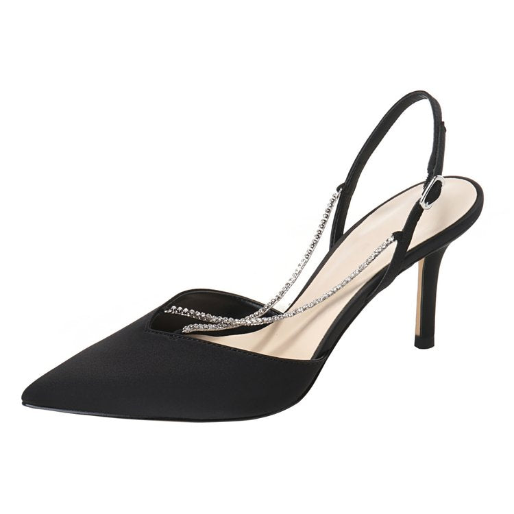 Rhinestone Pointed Toe Black Stiletto Heels Shoes