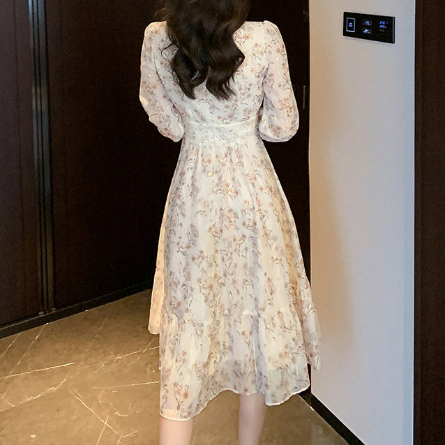 Printed Long-Sleeve Chiffon Floral Dress