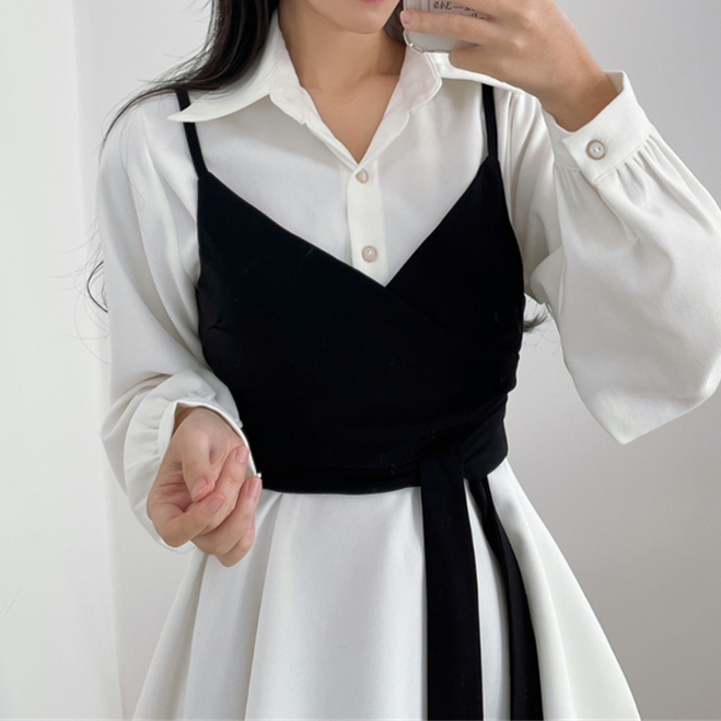 Lace Up Crop Top Long Sleeve Shirt Dress Set