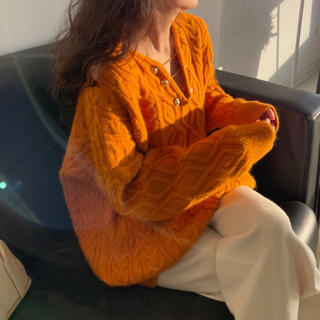 Twist V-Neck Loose Long-Sleeve Knitted Sweater