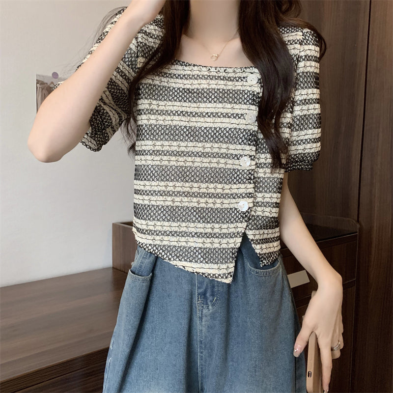 Puff Sleeve Irregular Button Square Neck Cardigan