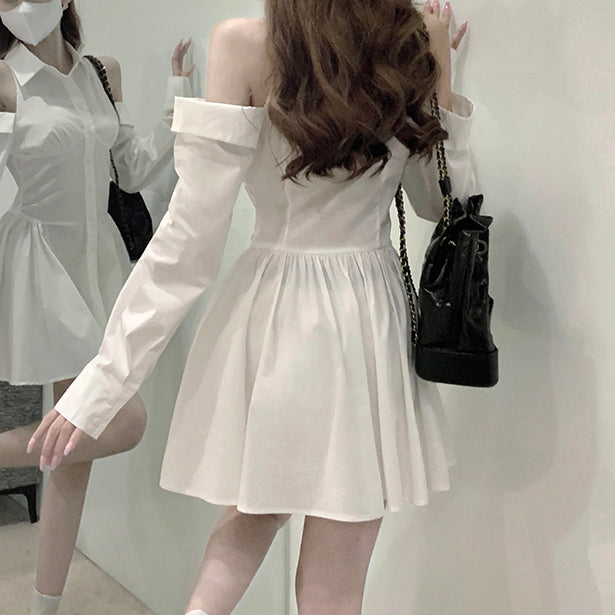 Off-The-Shoulder Fitted Single-Breasted Shirt Dress