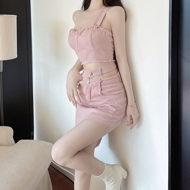 One-Shoulder Camisole Irregular High-Waist Skirt Set