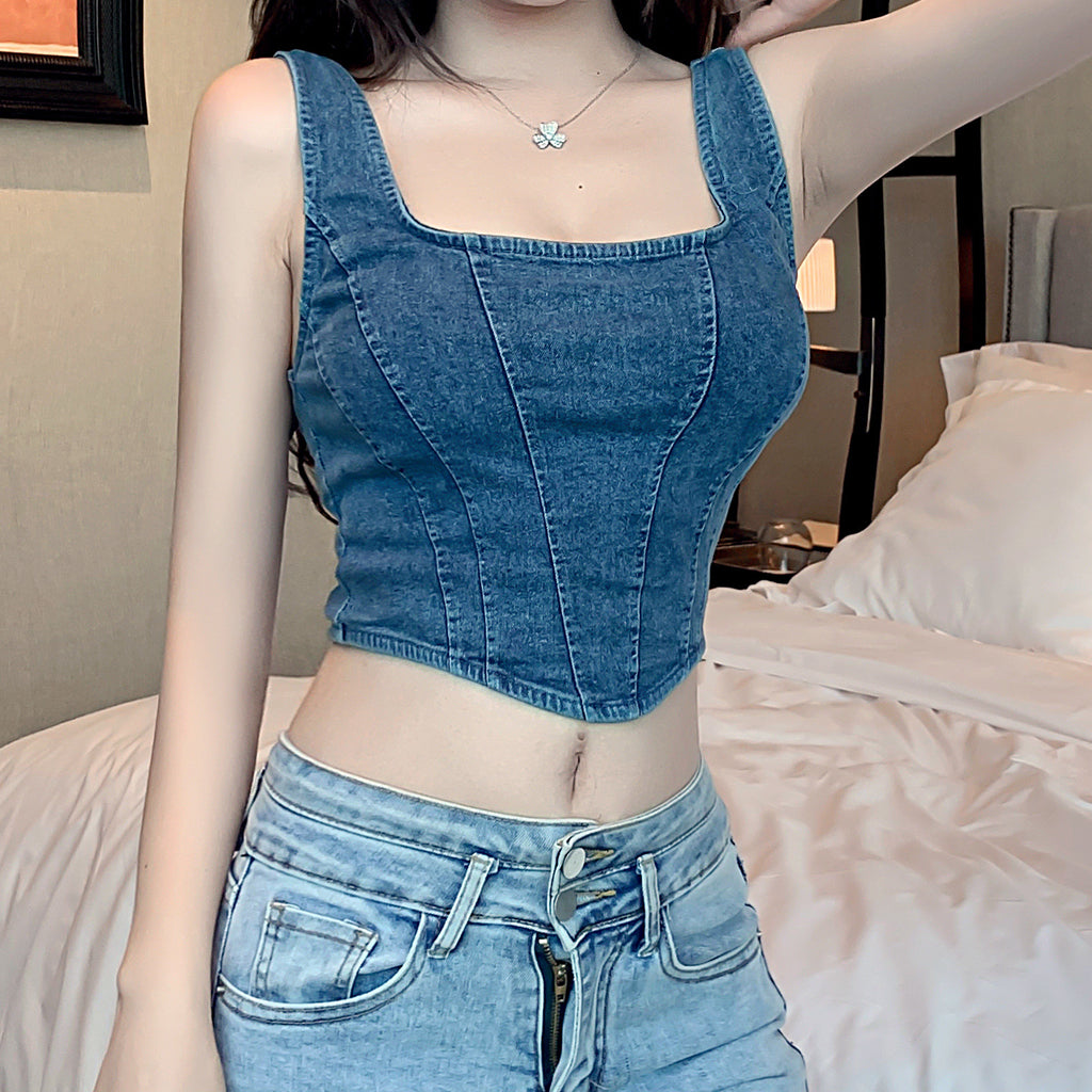 Square Neck Zipper Irregular Fit Denim Vest Top