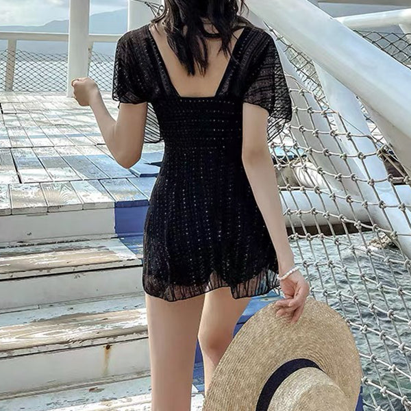 Black V-Neck Short Sleeve One Piece Swimsuit