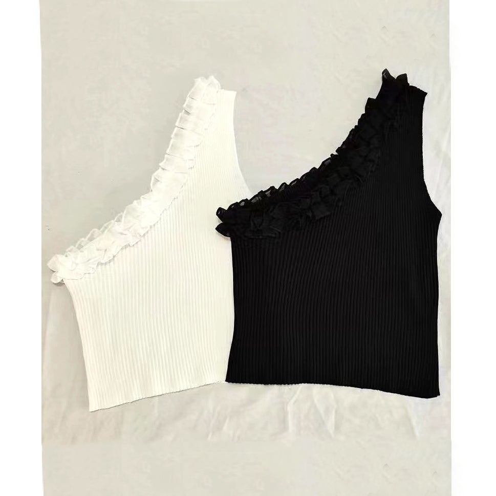 Sleeveless Knitted Tank Top With Ruffled Shoulders