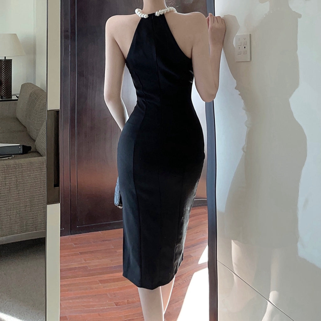 Pearl Chain Sleeveless Tank Top Slit Dress