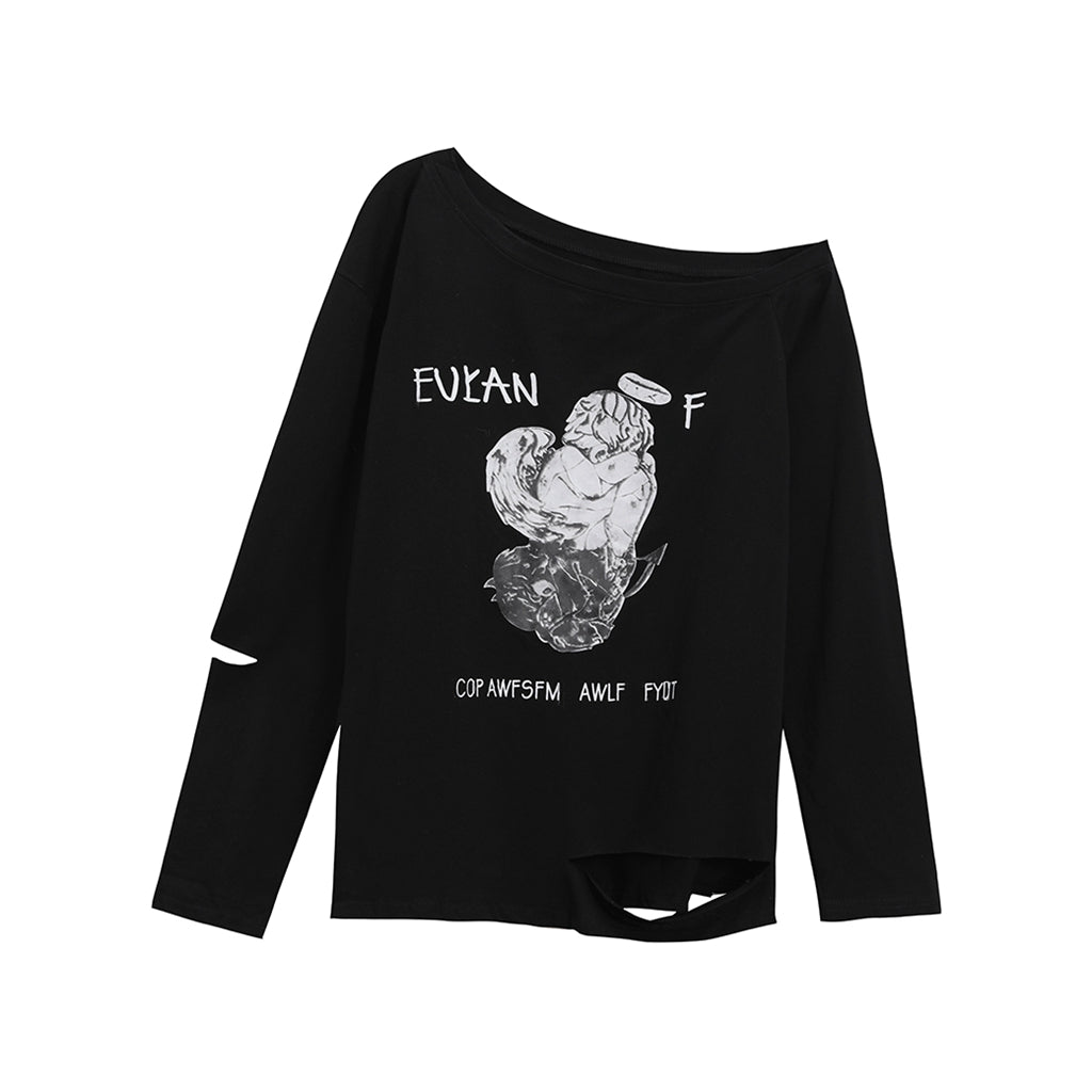 Slanted Collar Loose Off Shoulder Long Sleeve T-Shirt