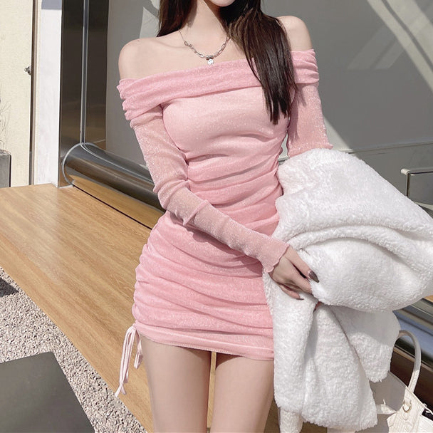 Sexy Pleated Off-Shoulder Drawstring Bodycon Dress
