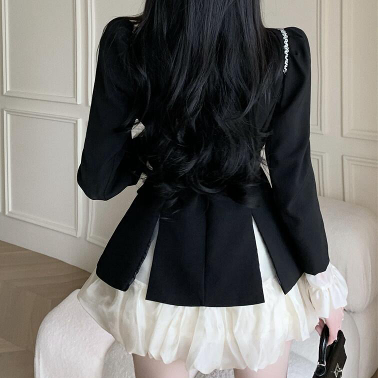 Belt Puff Sleeve Blazer Top High Waist Puff Skirt Set