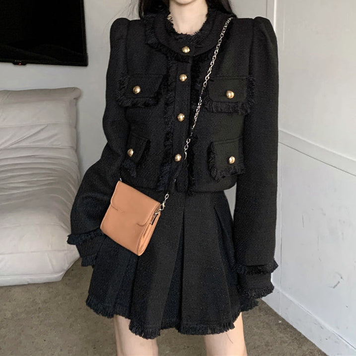 Fringed Single-Breasted Coat Top Pleated Skirt Set