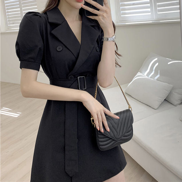 Lapel Belt Puff Sleeve Button Suit Dress