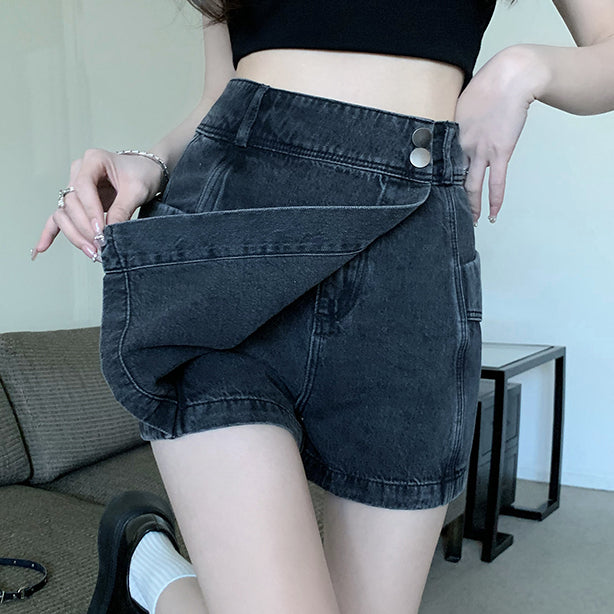 High Waist Irregular Denim Skirt Shorts
