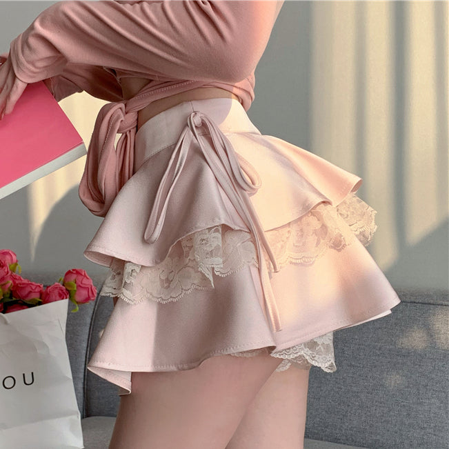 Lace Stitching High Waist A-Line Slim Tutu Skirt