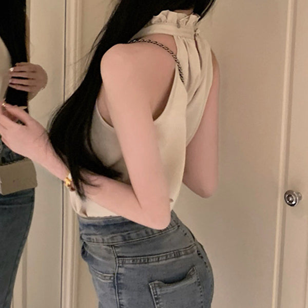 Halter Neck Sleeveless Top Plaid Belt Shorts Set