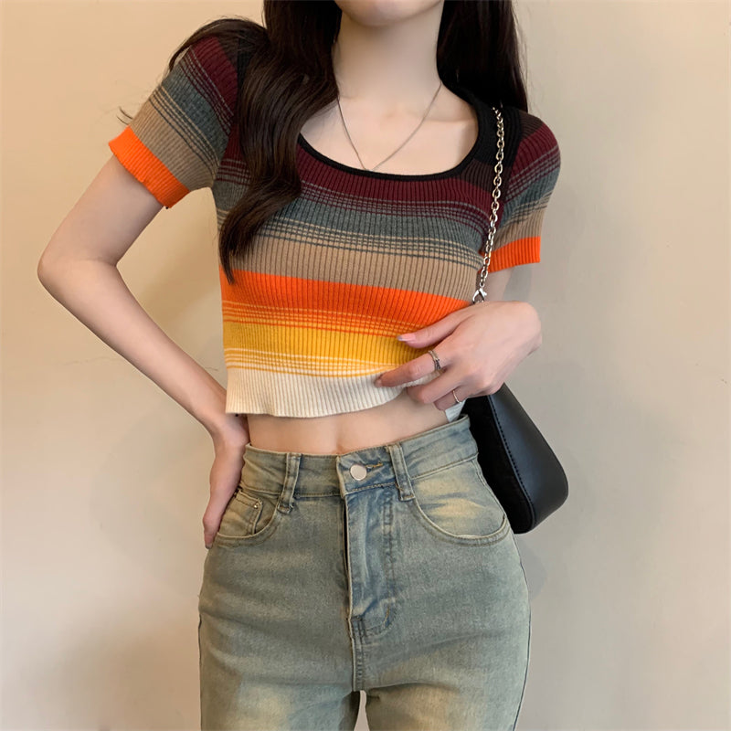 Stretch Multicolor Striped Slim Knit Top