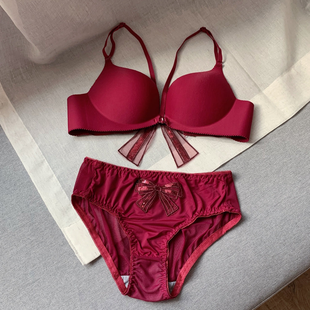 Sequin Bow Bras Underwear Front Buckle Bra Set