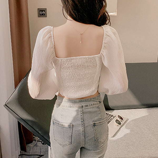 Square Neck Chiffon Shirt Flare Sleeve Top