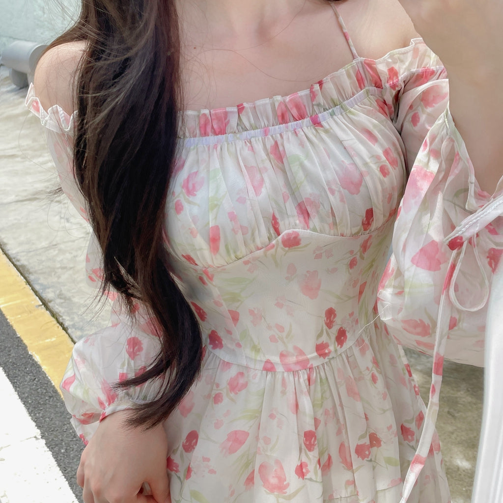 Pink Off Shoulder Puff Sleeve Floral Dress