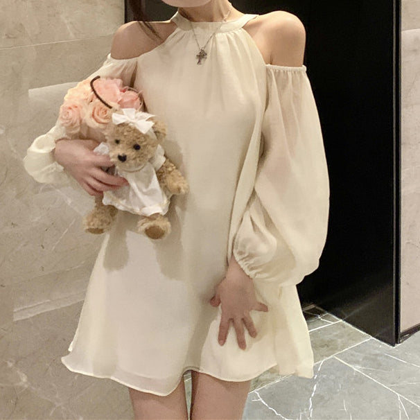 Women's Winter Casual Loose Lantern Sleeve High Waist A- Style Hemline Round Neck Knitted Dress Sweater